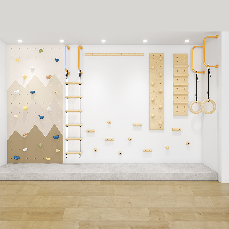 Gymnastic Ring Wood - ชุดเครื่องเล่นปีนป่ายในร่มสำหรับเด็ก ทำจากไม้ พร้อมที่จับปีนผา เชือก บันได และห่วงยิมนาสติก