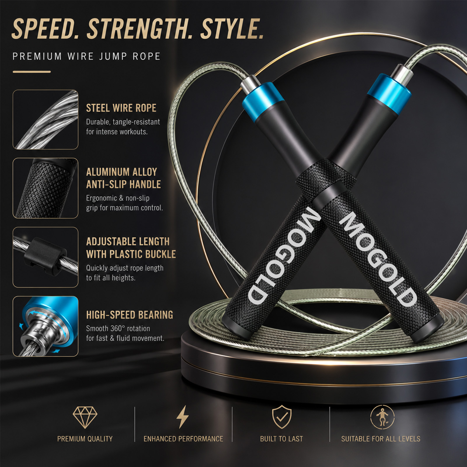 Jump Rope Speed Bearing - MOGOLD เชือกกระโดดความเร็วระดับมืออาชีพพร้อมที่จับโลหะ, แบริ่งความเร็วสูงและ Zero Jamming, สายแข่ง